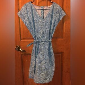 Boden Blue and White Patterned Linen Dress Button detail back size 10 #126